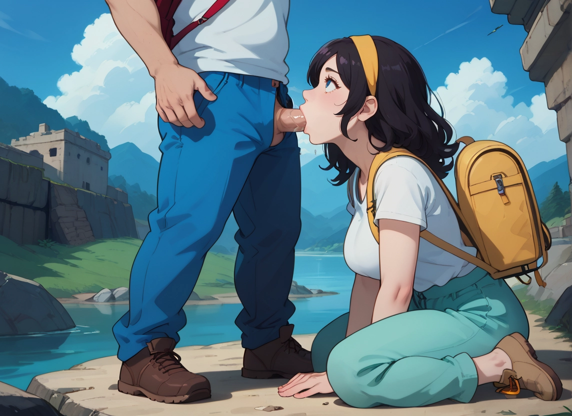 1girl, hetero, penis, 1boy, fellatio, backpack