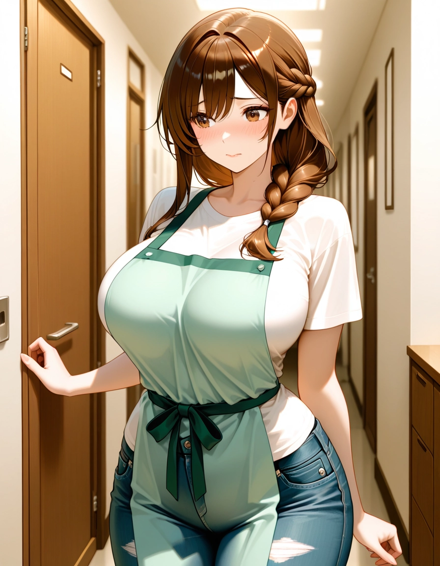 1girl, braid, breasts, solo, denim, brown hair · Yamete.gg