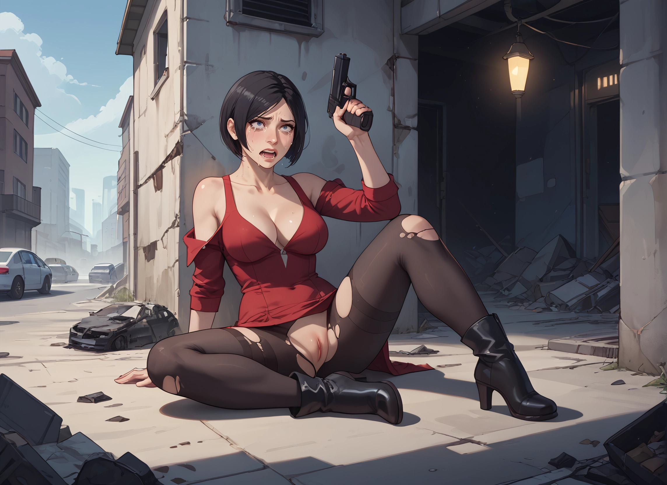 1girl, weapon, gun, torn clothes, breasts, pussy · Yamete.gg