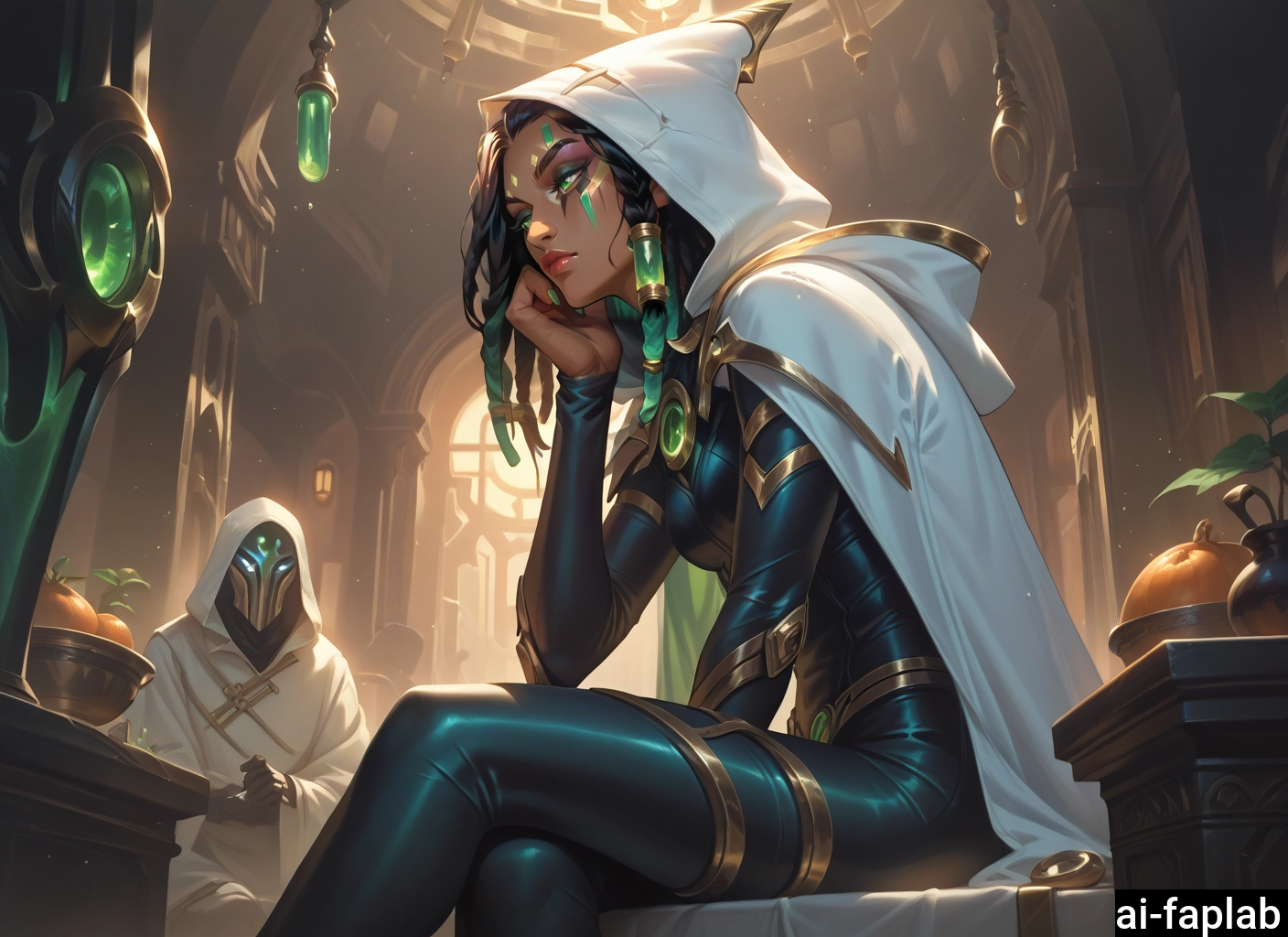 1girl, hood, dark-skinned female, indoors, dark skin, sitting · Yamete.gg