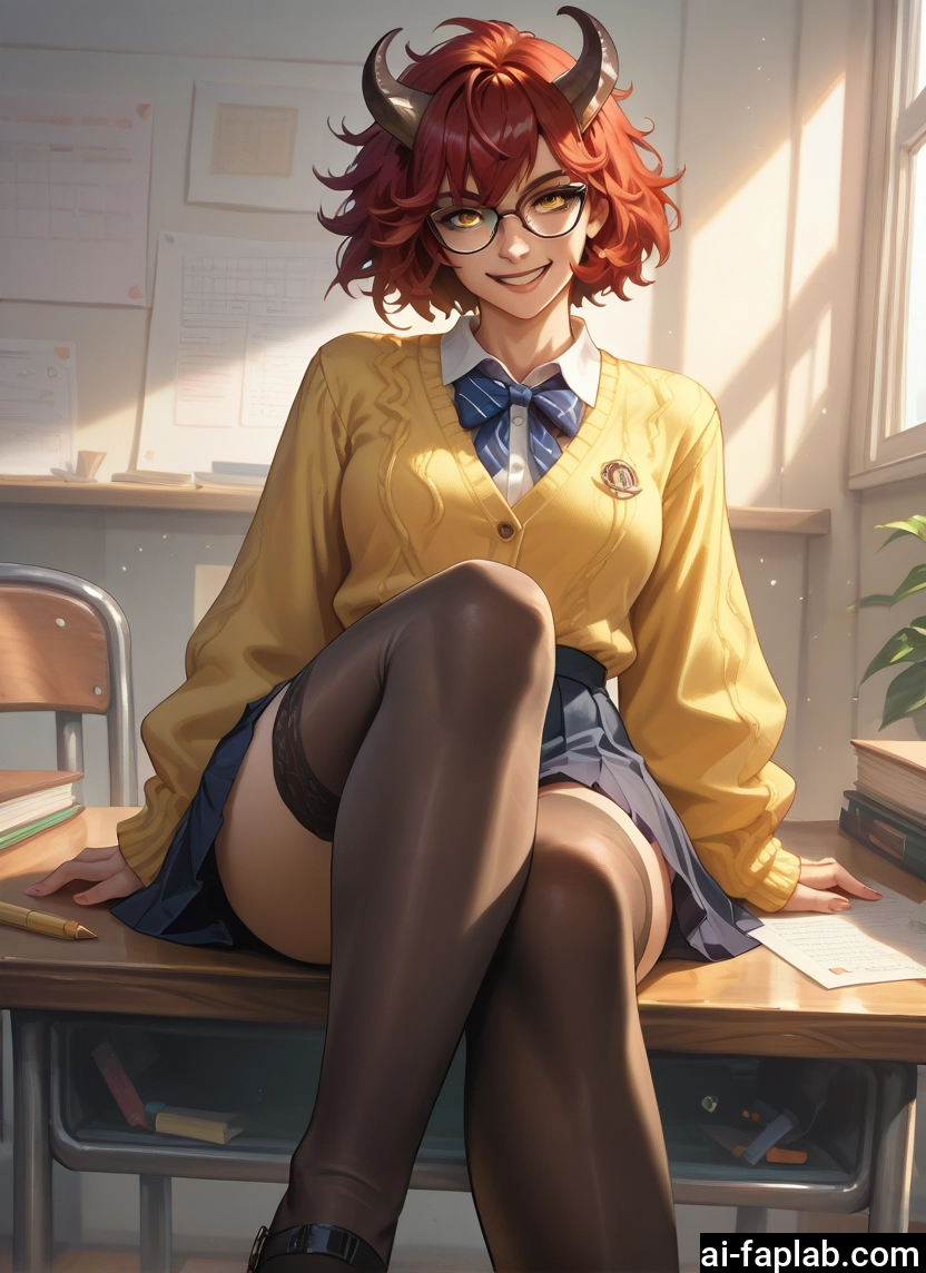 1girl, thighhighs, horns, glasses, skirt, solo · Yamete.gg