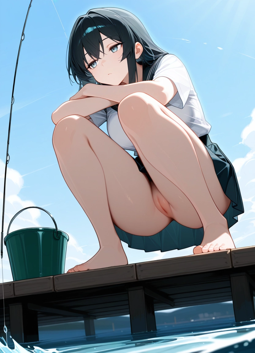 1girl, solo, pussy, skirt, school uniform, black hair · Yamete.gg