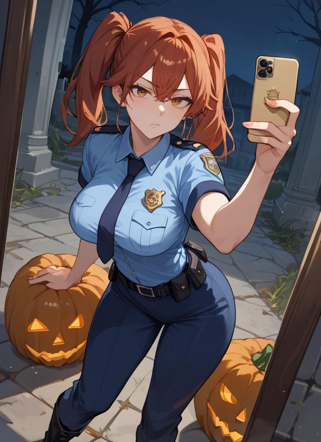 1girl, breasts, phone, twintails, uniform, police · Yamete.gg