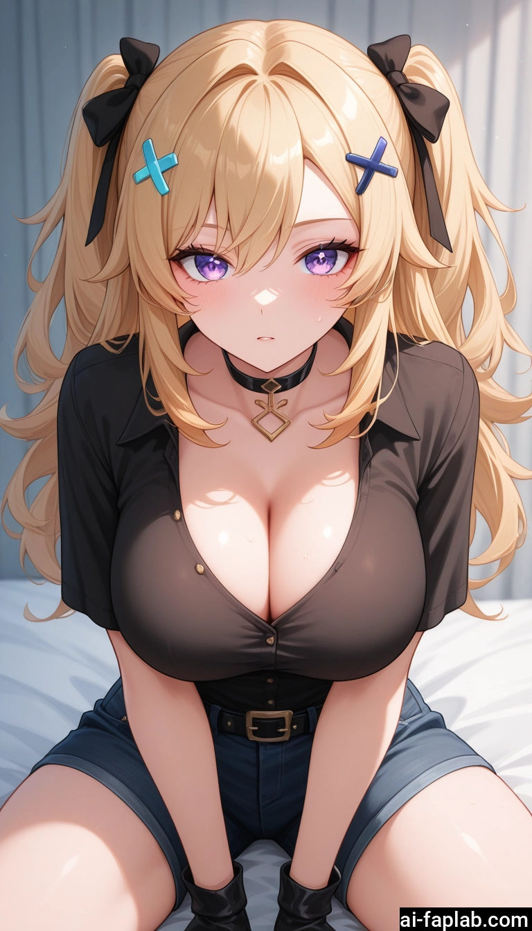 breasts, 1girl, blonde hair, large breasts, cleavage, shorts