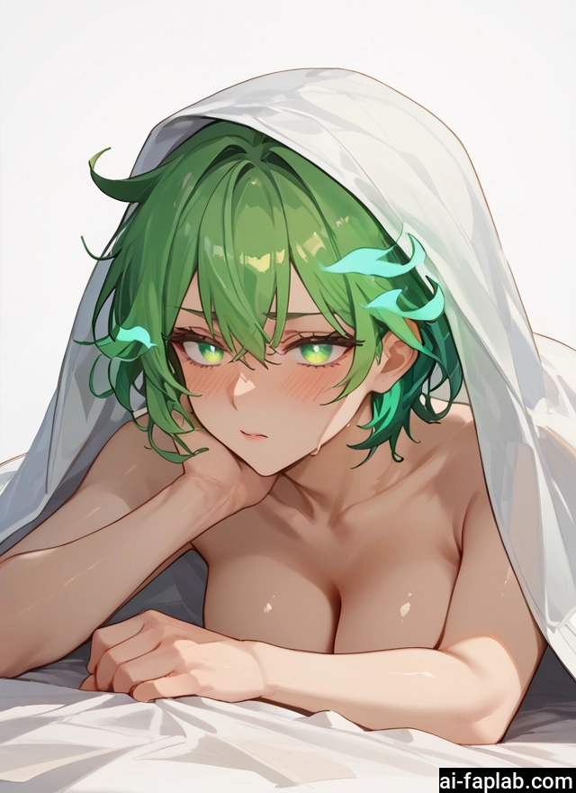 1girl, breasts, green eyes, green hair, solo, blush
