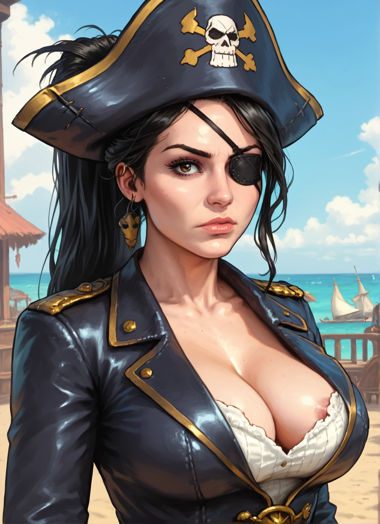 1girl, breasts, eyepatch, hat, nipples, solo