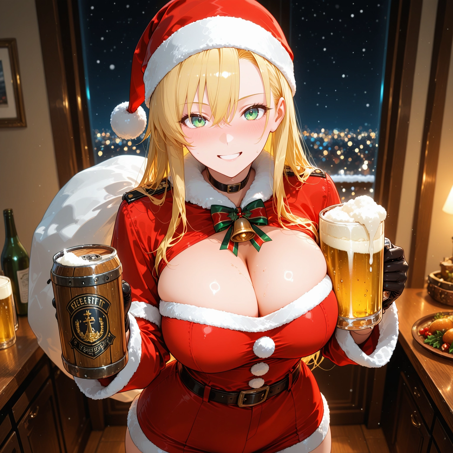 breasts, 1girl, blonde hair, hat, santa hat, smile · Yamete.gg