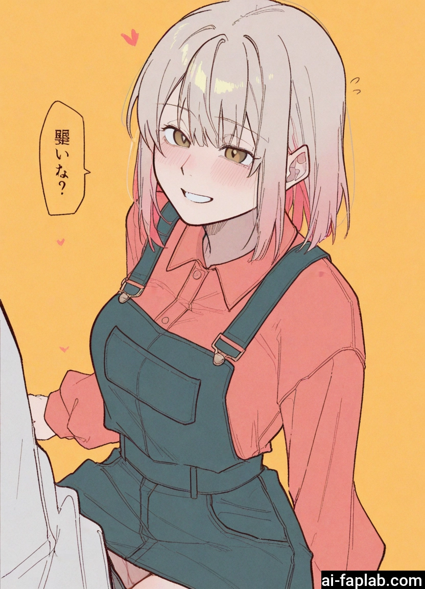 1girl, smile, shirt, blush, overalls, heart