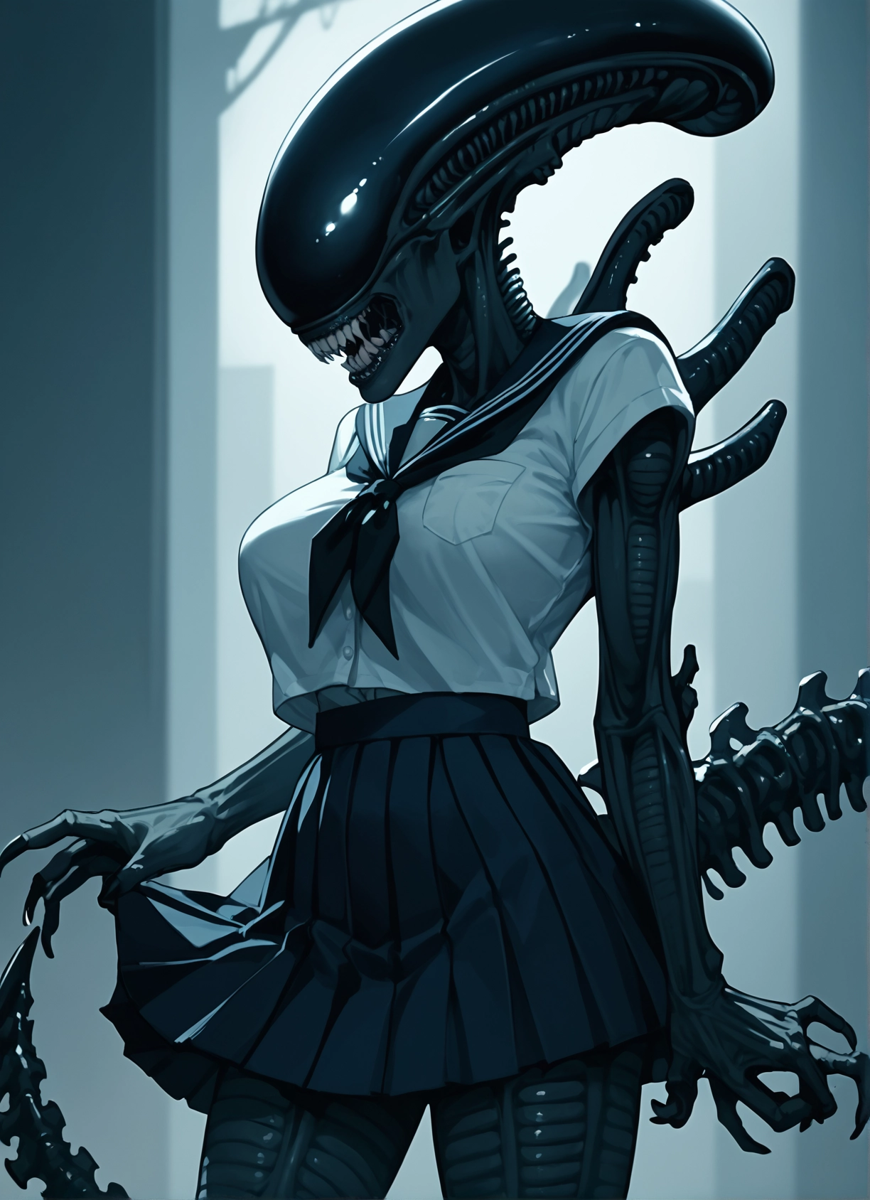 1girl, skirt, school uniform, breasts, serafuku, teeth · Yamete.gg
