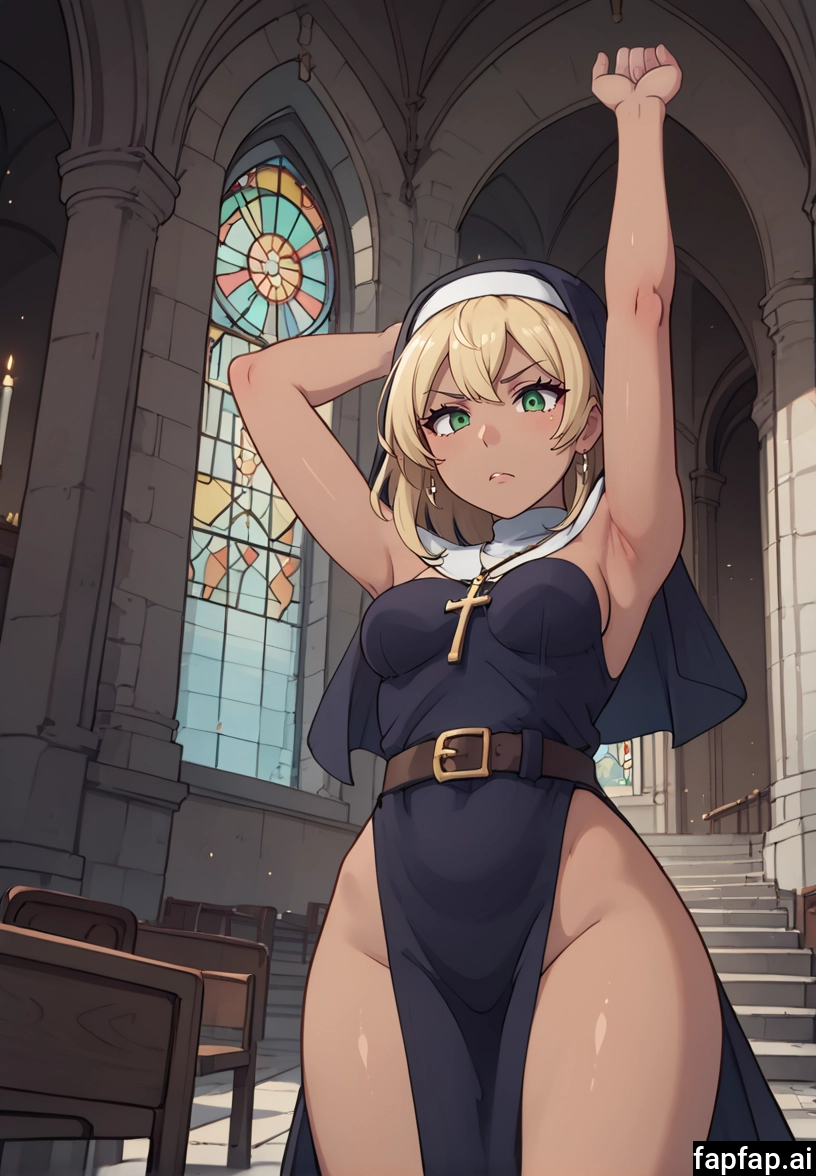 1girl, blonde hair, solo, church, breasts, nun · Yamete.gg