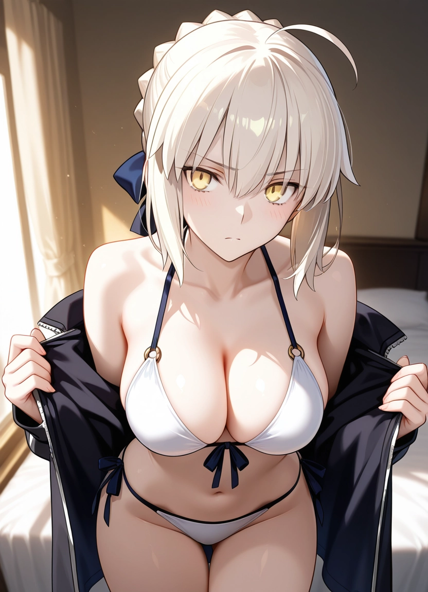 1girl, breasts, artoria pendragon (fate), swimsuit, yellow eyes, bikini · Yamete.gg