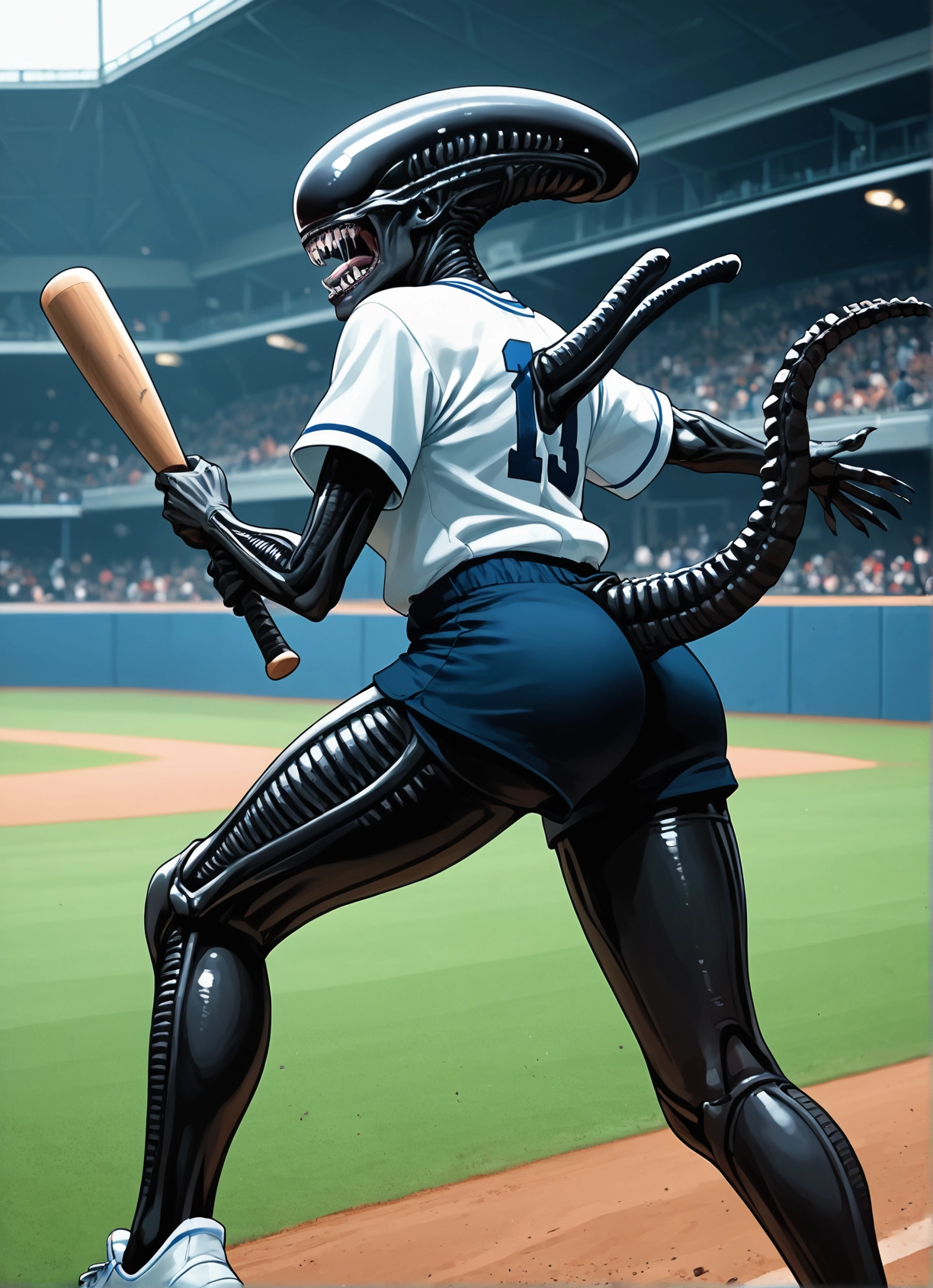 baseball bat, tail, shorts, ass, teeth, 1girl