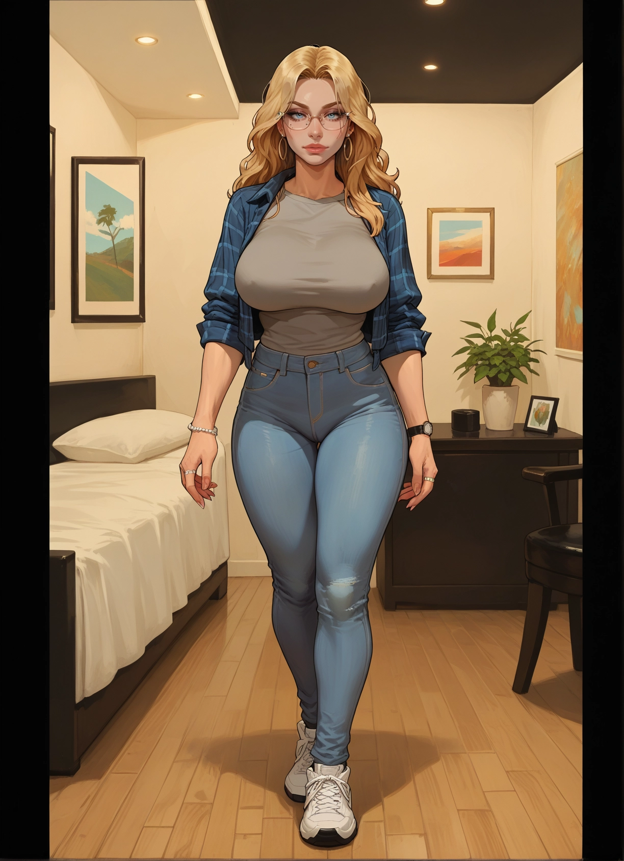 1girl, breasts, blonde hair, pants, jewelry, glasses · Yamete.gg