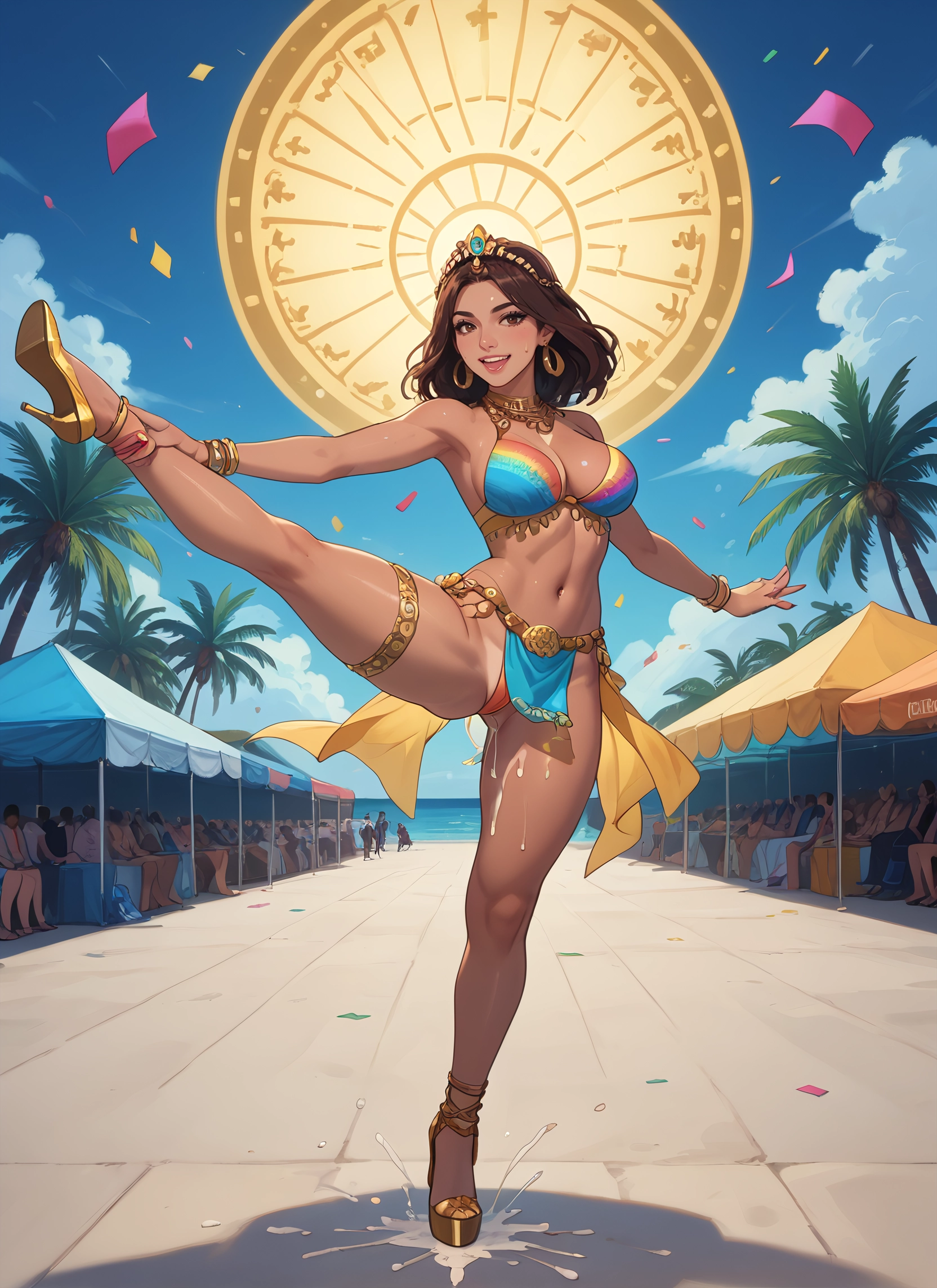breasts, jewelry, brown hair, high heels, dark skin, navel · Yamete.gg
