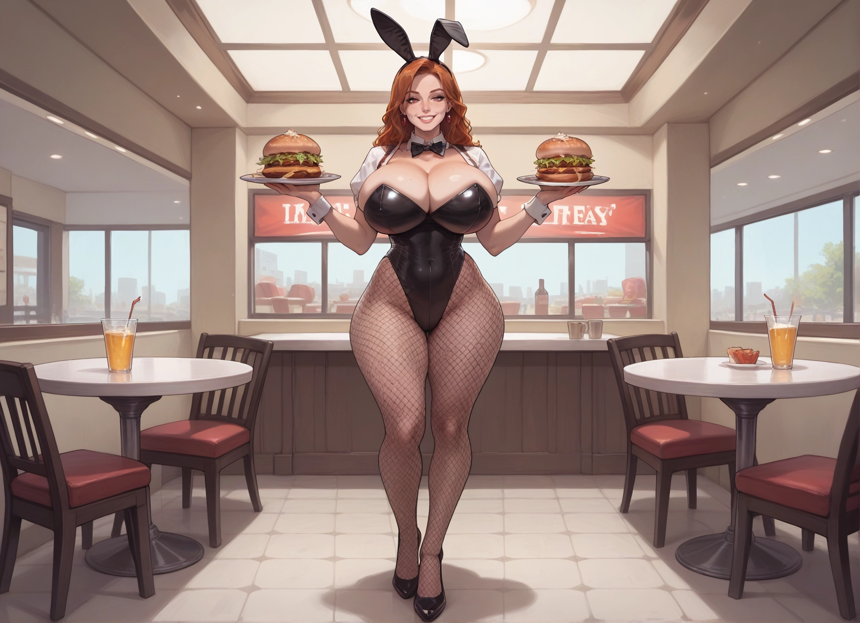 1girl, breasts, animal ears, burger, food, pantyhose · Yamete.gg