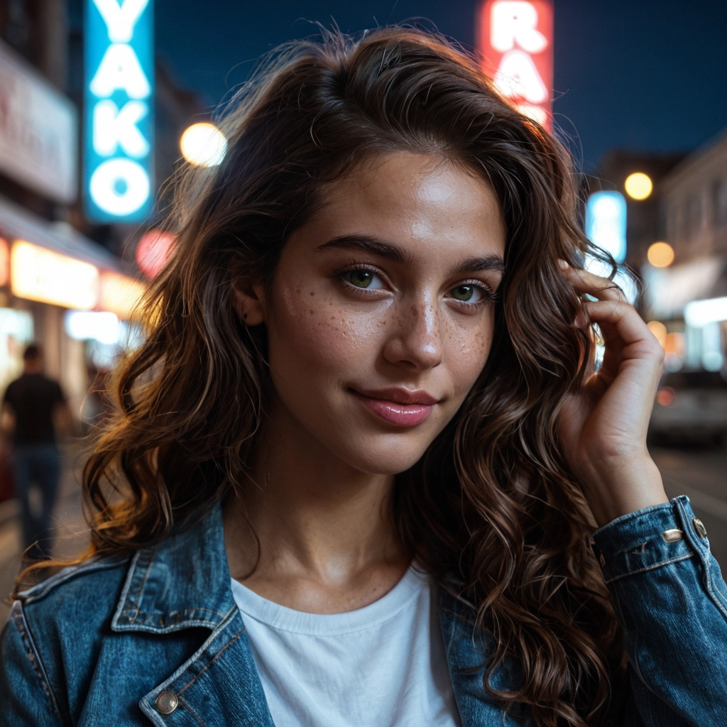 1girl, realistic, denim jacket, long hair, green eyes, brown hair · Yamete.gg