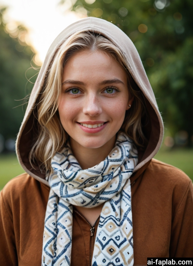 1girl, solo, scarf, photo (medium), hood, smile · Yamete.gg