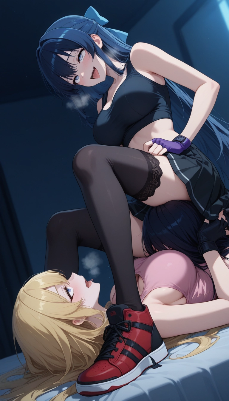 breasts, multiple girls, thighhighs, skirt, blue eyes, fingerless gloves · Yamete.gg