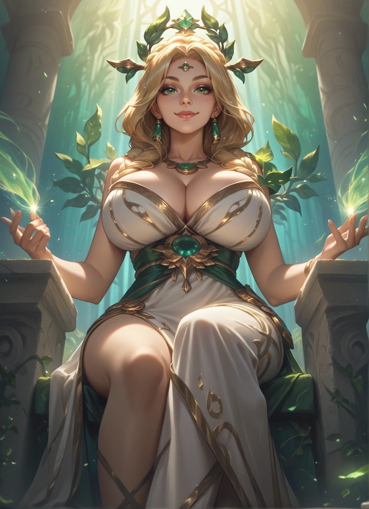 1girl, breasts, green eyes, jewelry, blonde hair, sitting · Yamete.gg