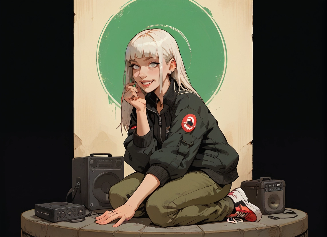 1girl, solo, jacket, long hair, shoes, speaker · Yamete.gg