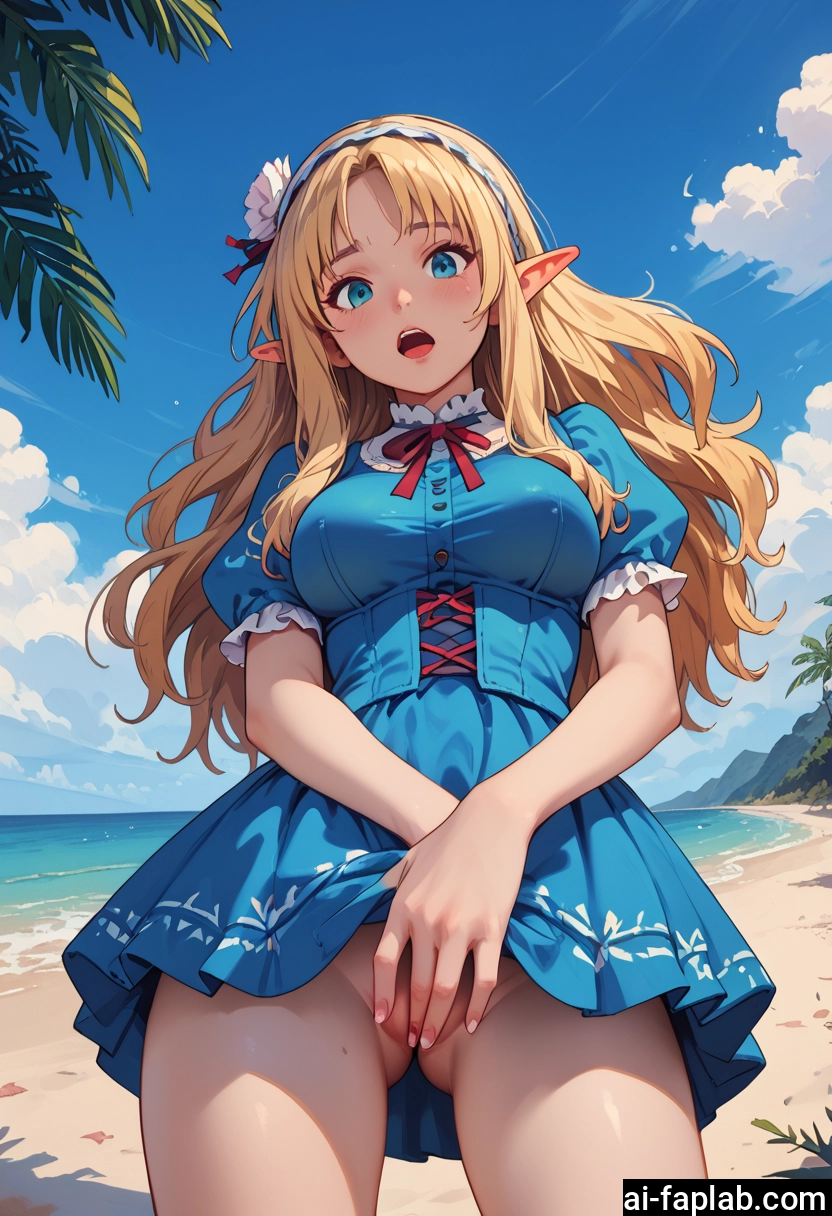 1girl, pointy ears, blonde hair, solo, long hair, breasts