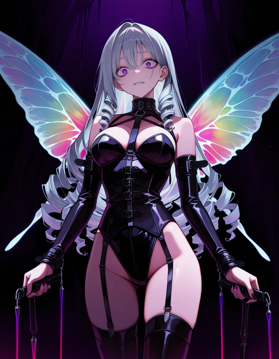 1girl, breasts, solo, long hair, wings, bondage outfit
