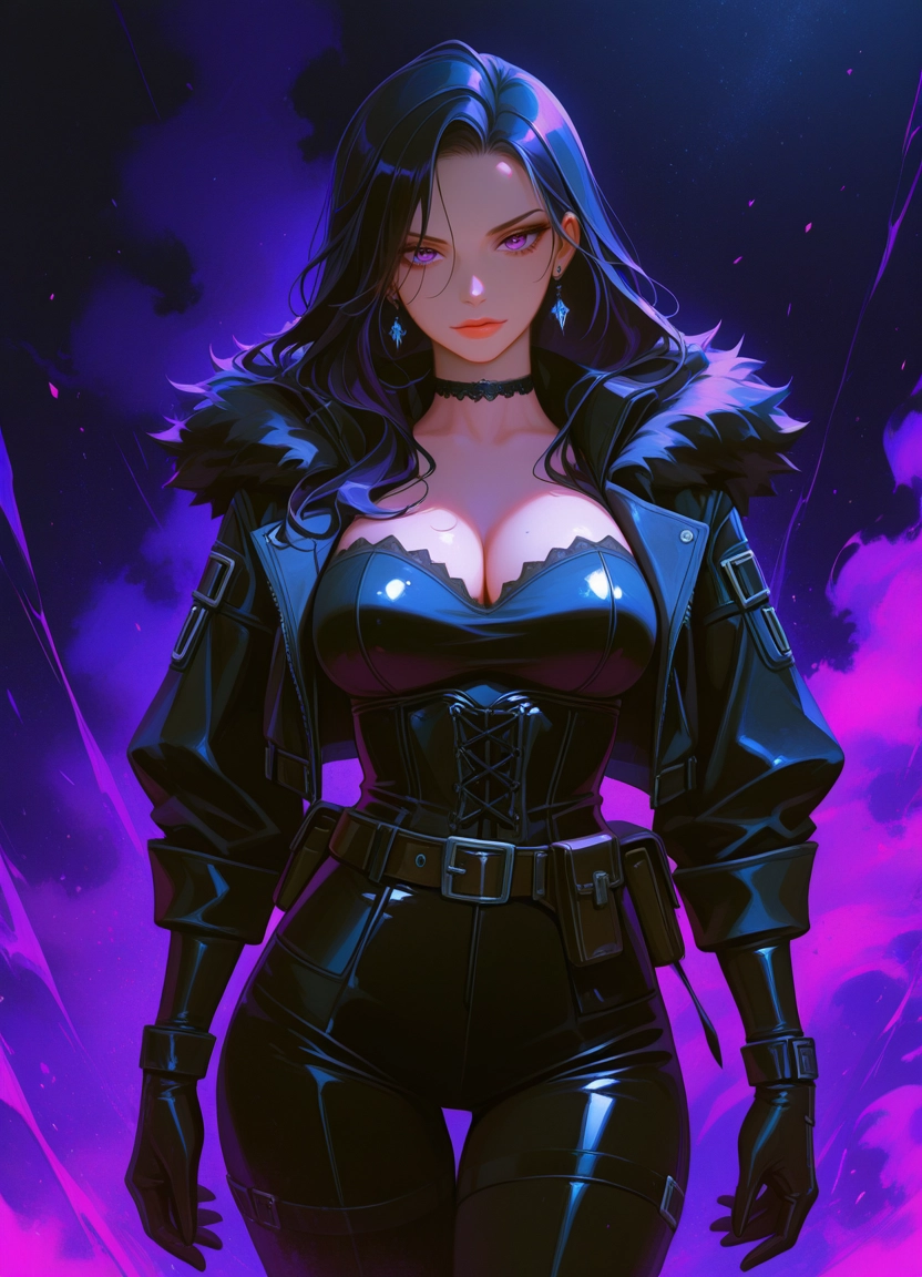1girl, breasts, solo, cleavage, purple eyes, black hair · Yamete.gg