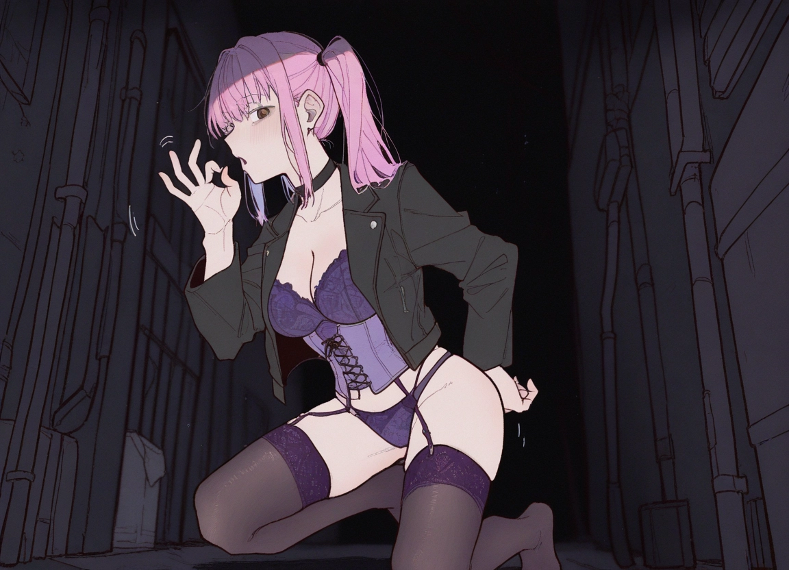 1girl, underwear, breasts, panties, thighhighs, pink hair · Yamete.gg