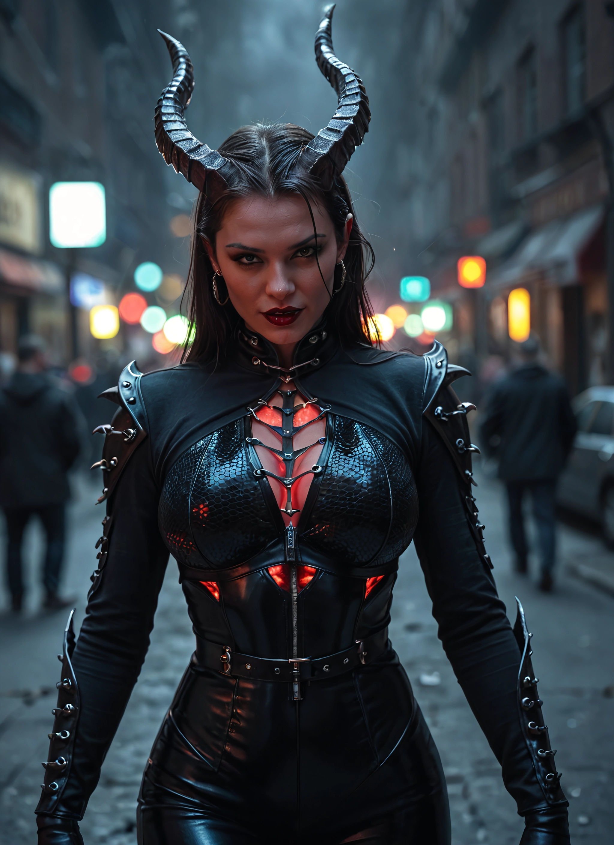 1girl, horns, breasts, jewelry, earrings, looking at viewer · Yamete.gg