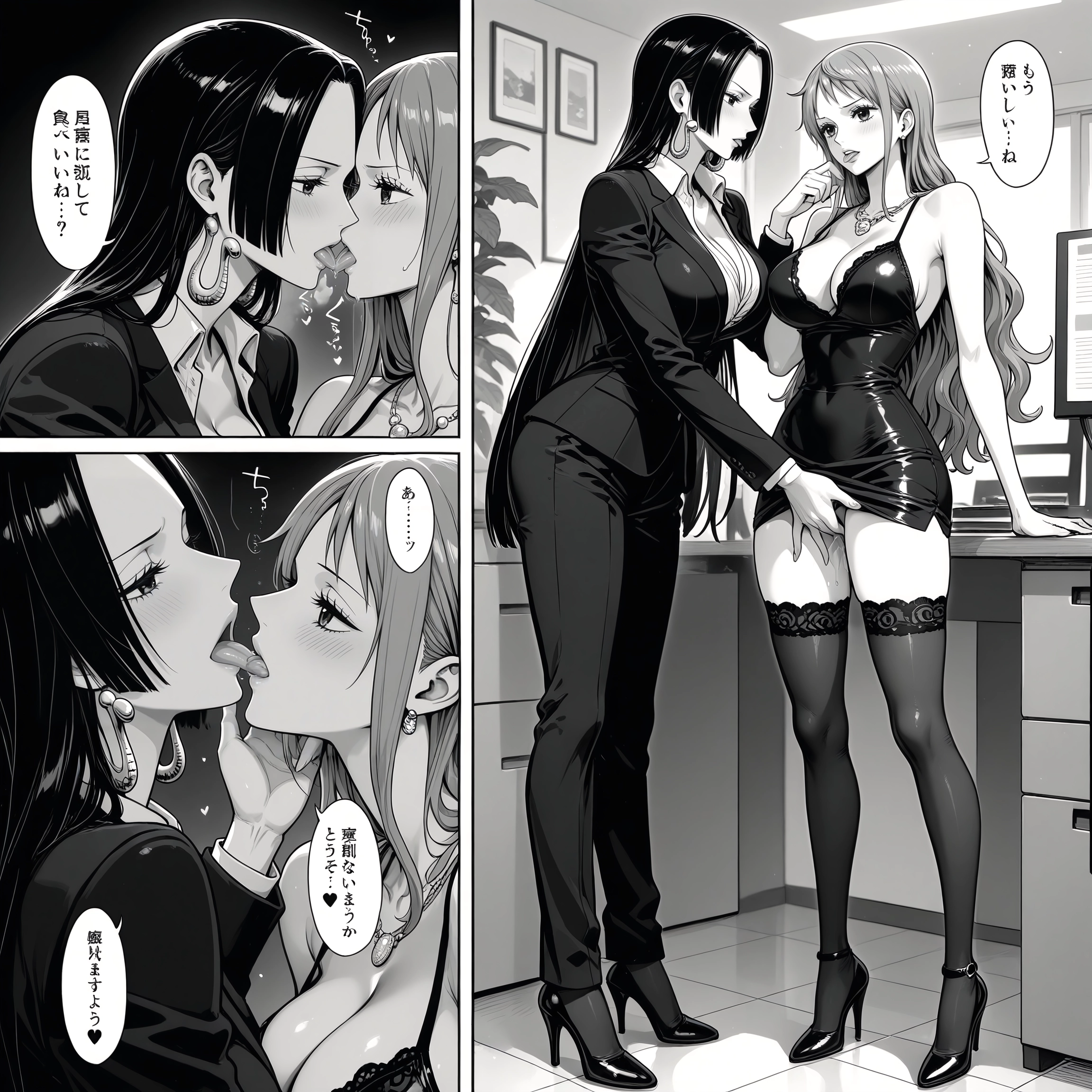 monochrome, greyscale, multiple girls, breasts, yuri, 2girls · Yamete.gg