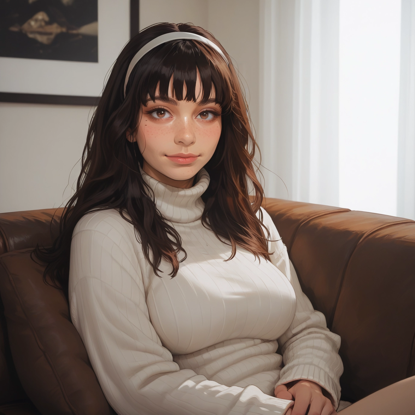 1girl, sweater, solo, breasts, brown eyes, hairband · Yamete.gg