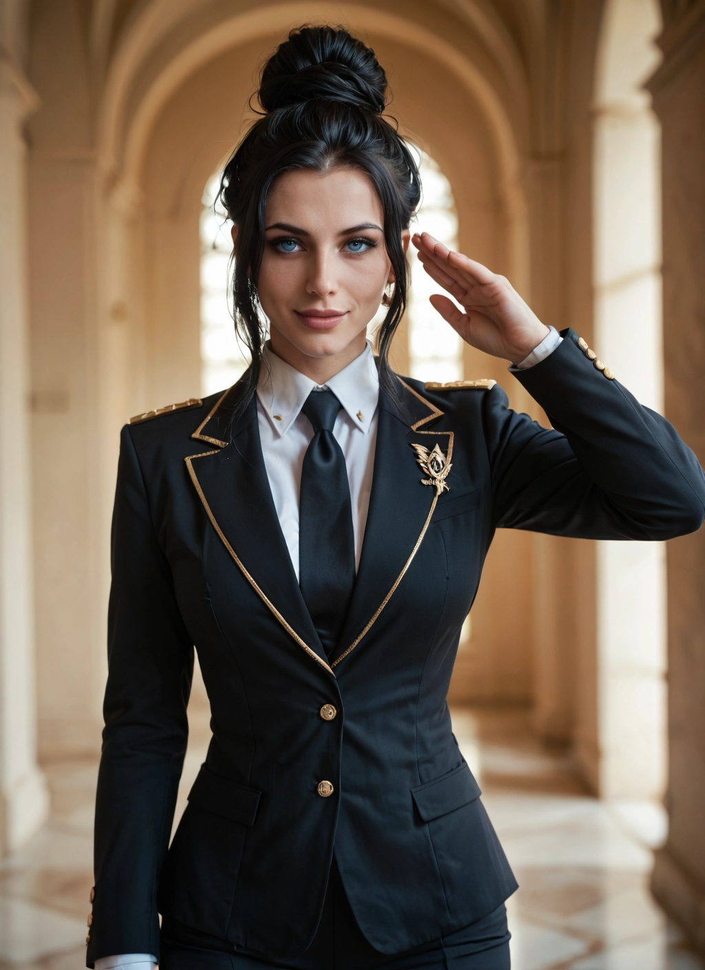 1girl, solo, necktie, blue eyes, black hair, salute · Yamete.gg