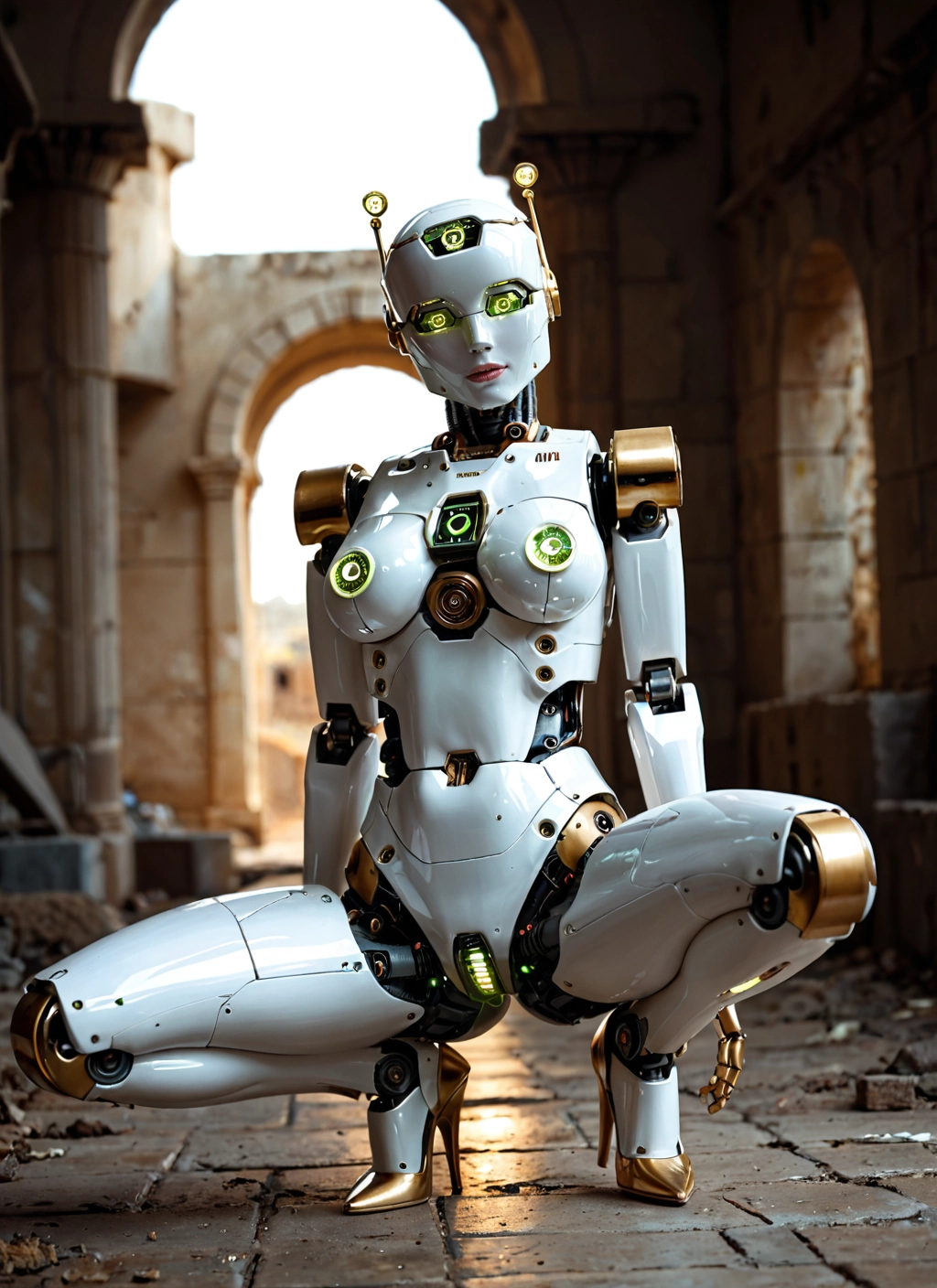 1girl, solo, high heels, squatting, robot, breasts · Yamete.gg
