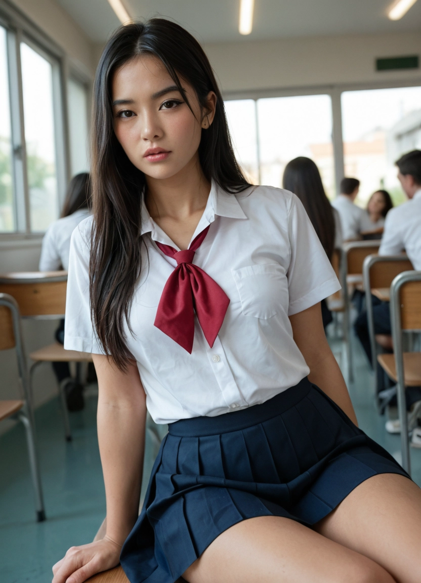 school uniform, skirt, 1girl, photo (medium), sitting, solo focus · Yamete.gg