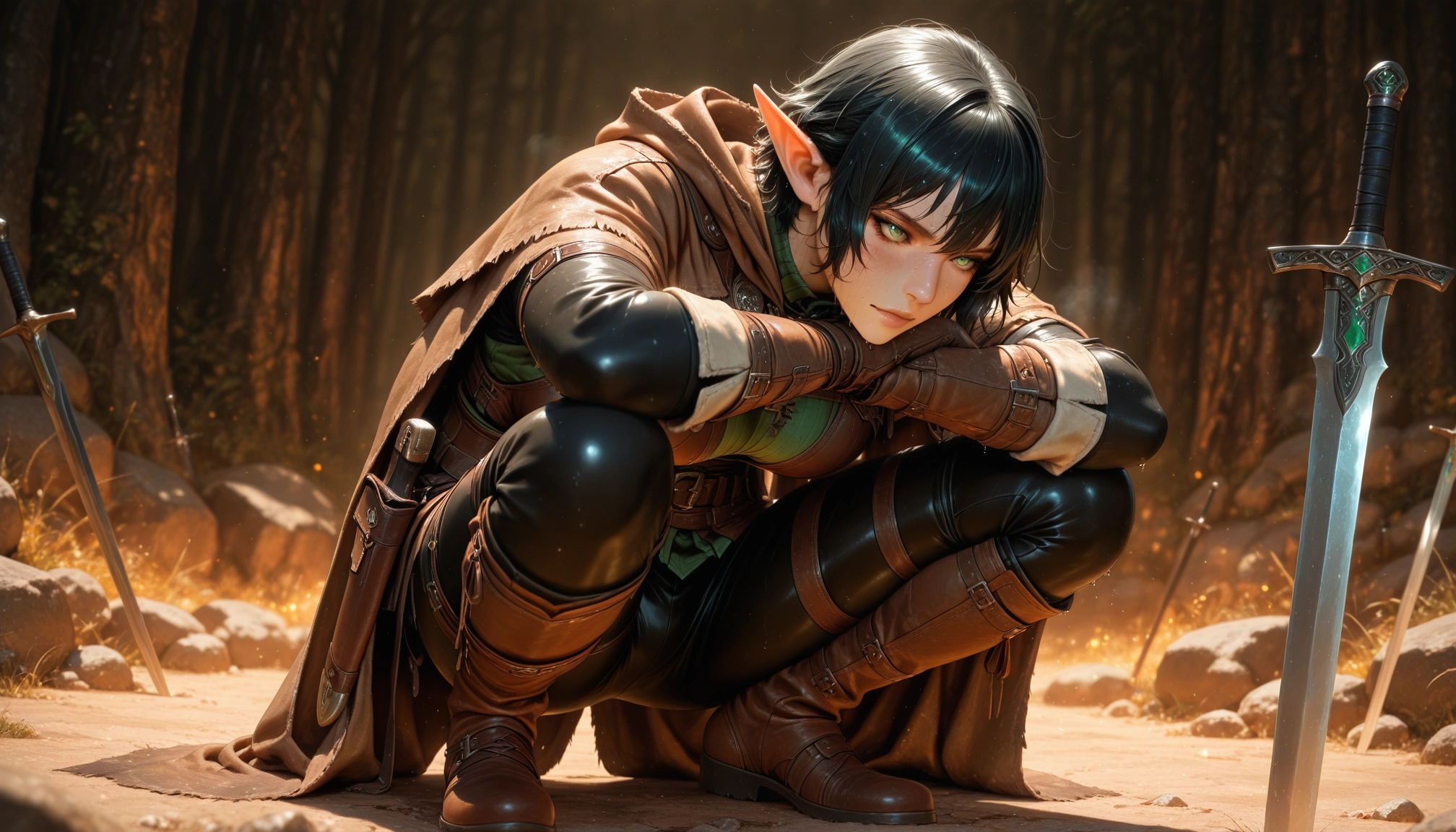 1girl, pointy ears, weapon, black hair, sword, solo · Yamete.gg