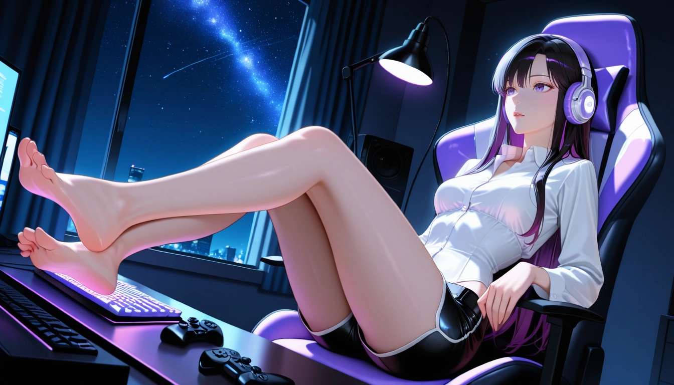 1girl, barefoot, feet, shorts, solo, headphones · Yamete.gg