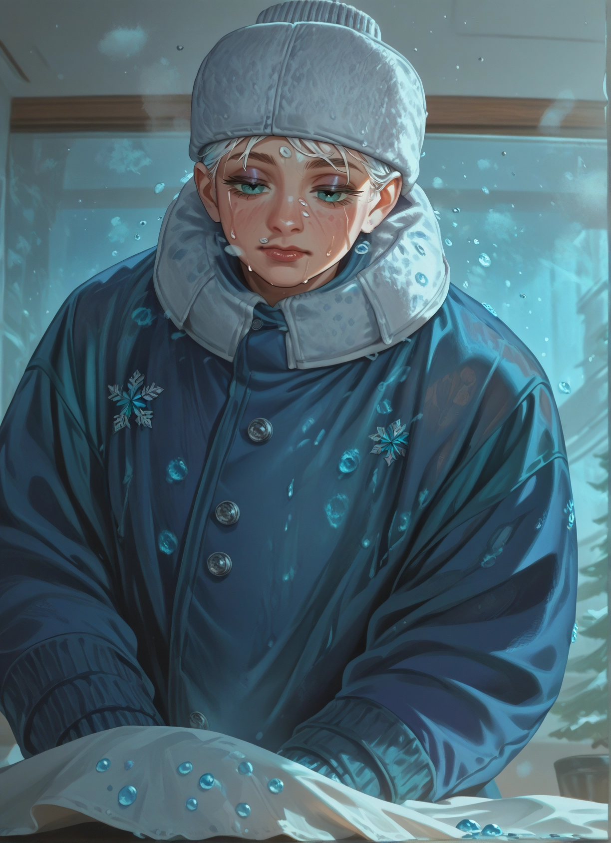 solo, hat, 1girl, coat, white hair, looking at viewer