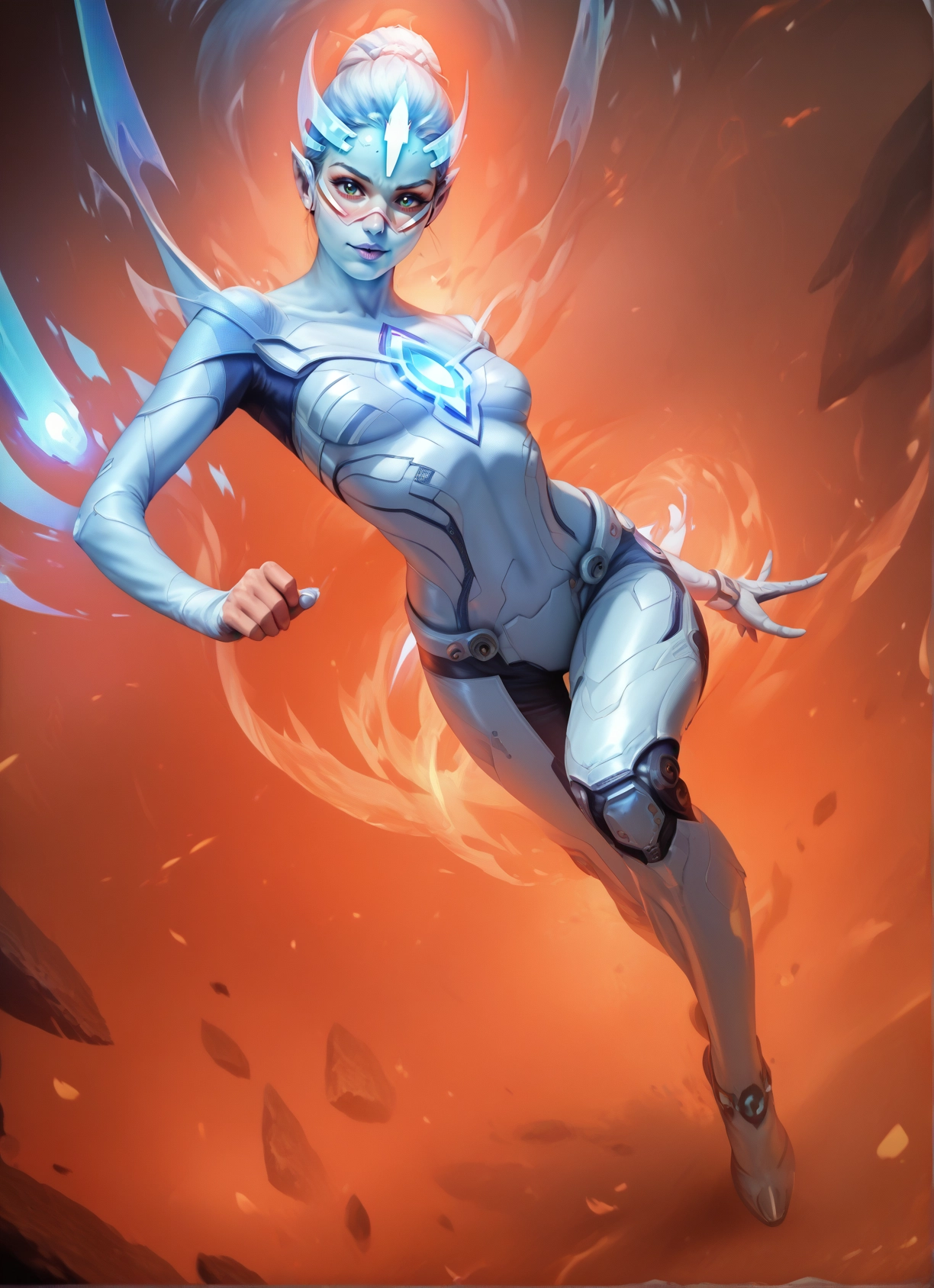 1girl, solo, breasts, colored skin, blue eyes, bodysuit · Yamete.gg