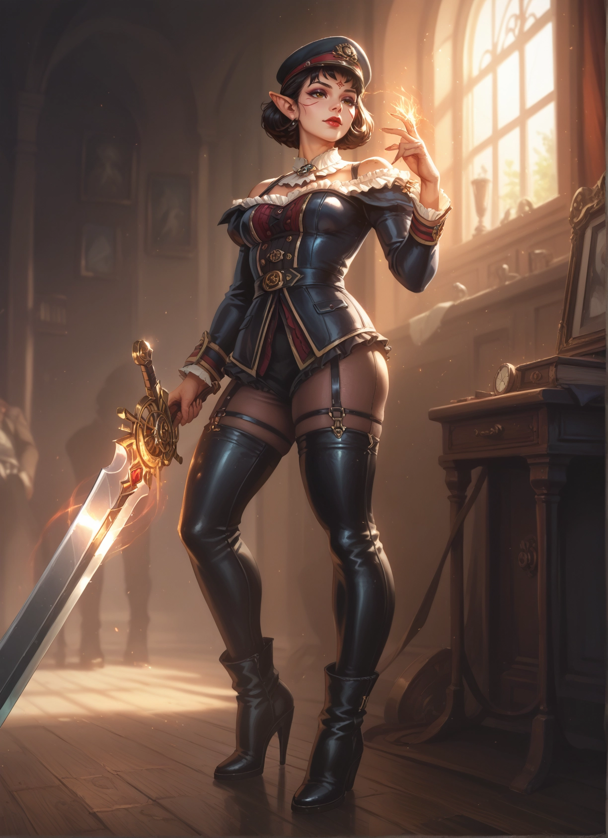 1girl, weapon, sword, hat, thighhighs, pointy ears · Yamete.gg