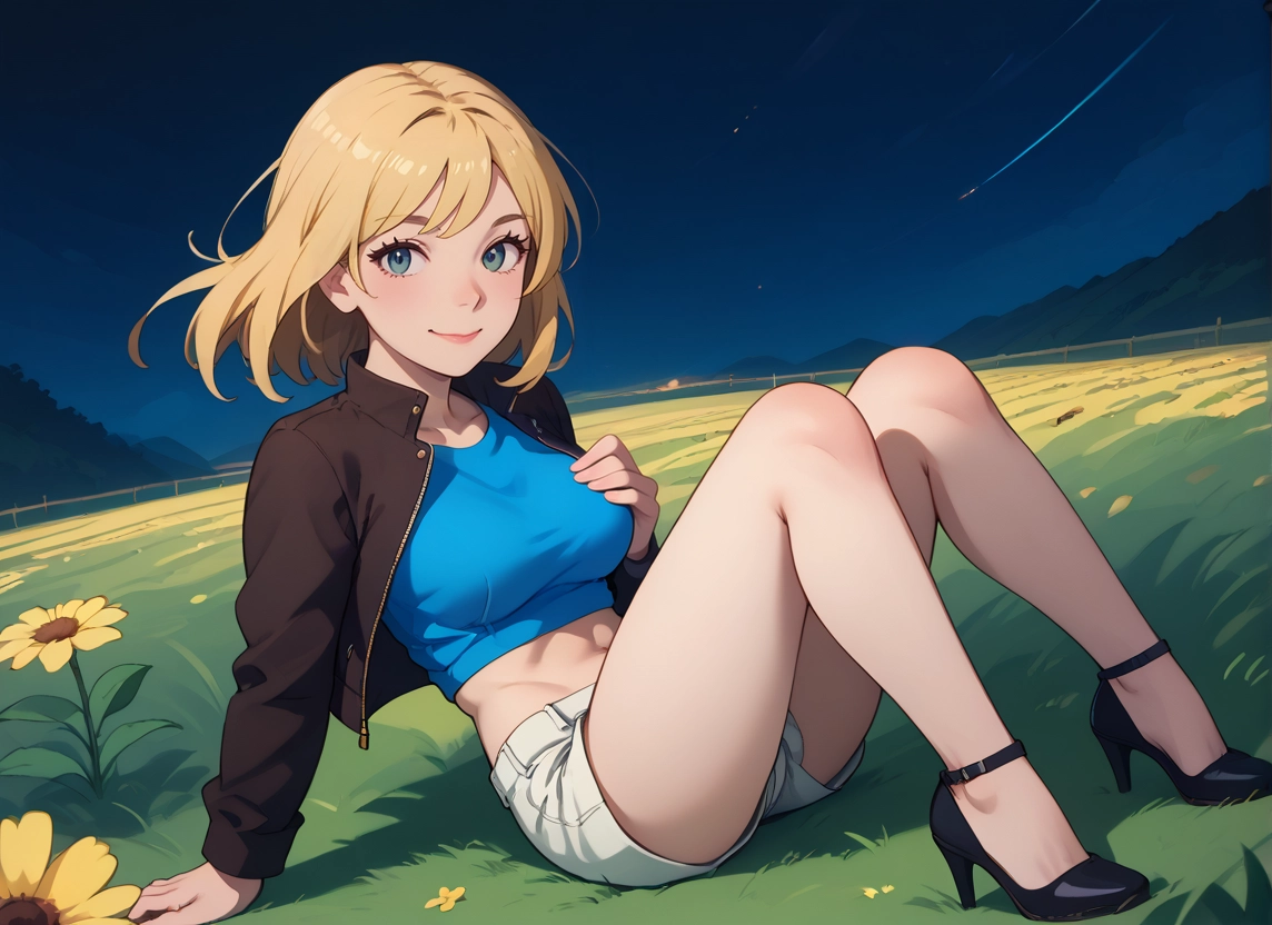 1girl, shorts, flower, solo, blonde hair, high heels · Yamete.gg