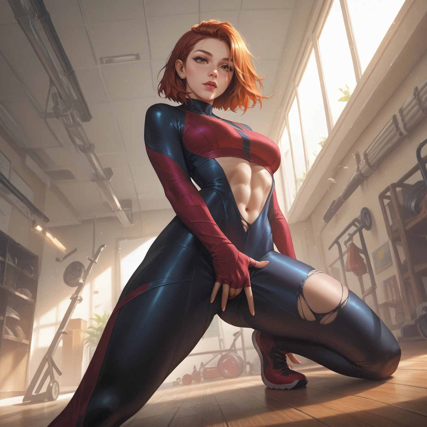 1girl, torn clothes, solo, bodysuit, abs, breasts · Yamete.gg