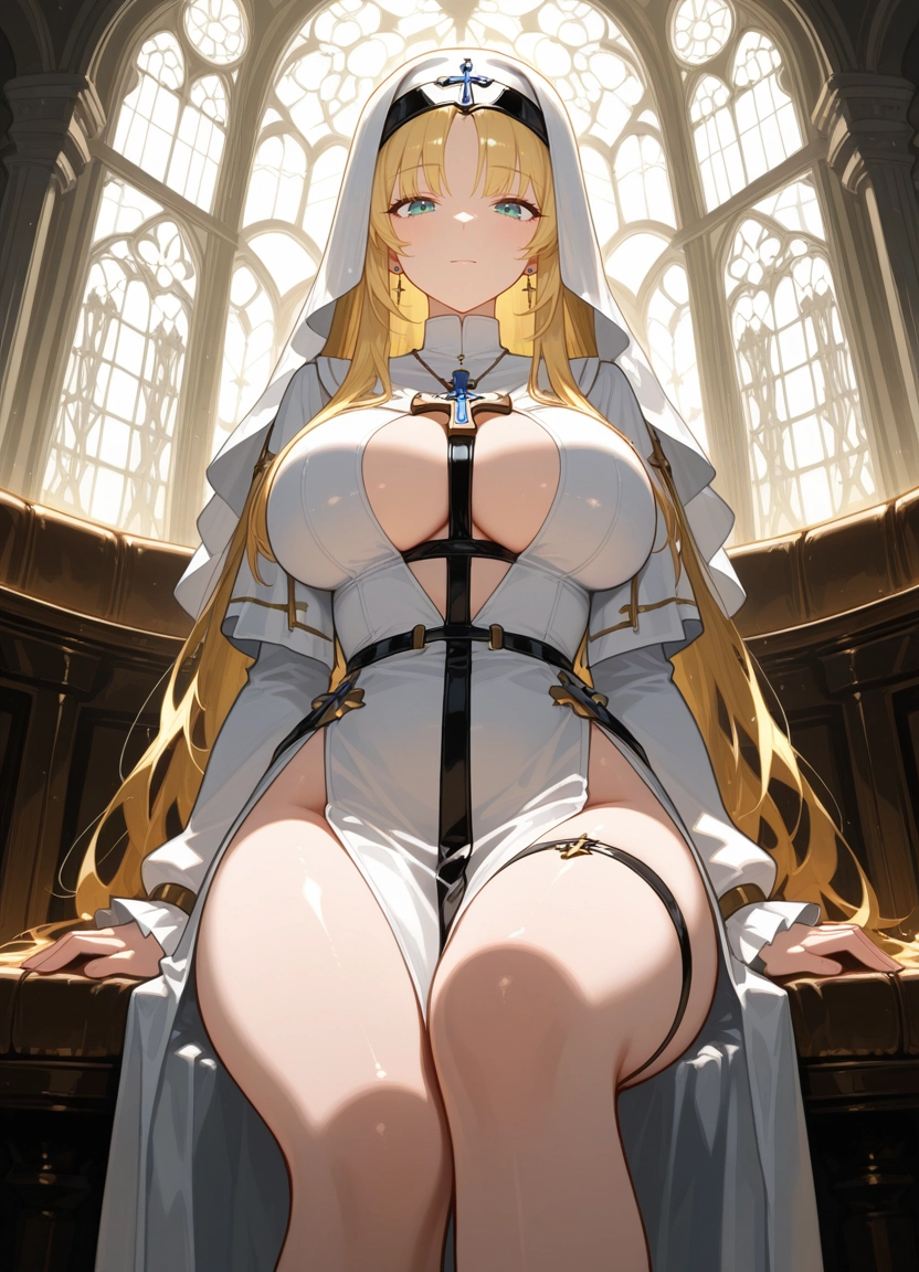1girl, breasts, solo, blonde hair, long hair, sitting · Yamete.gg