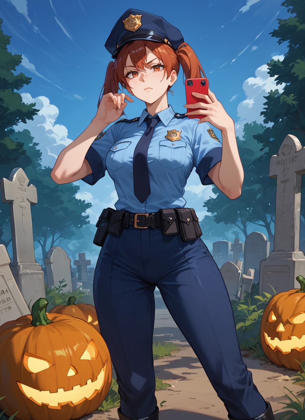 1girl, twintails, phone, necktie, uniform, police · Yamete.gg