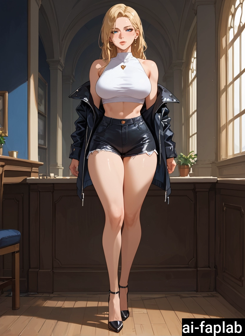 1girl, breasts, blonde hair, solo, blue eyes, shorts · Yamete.gg