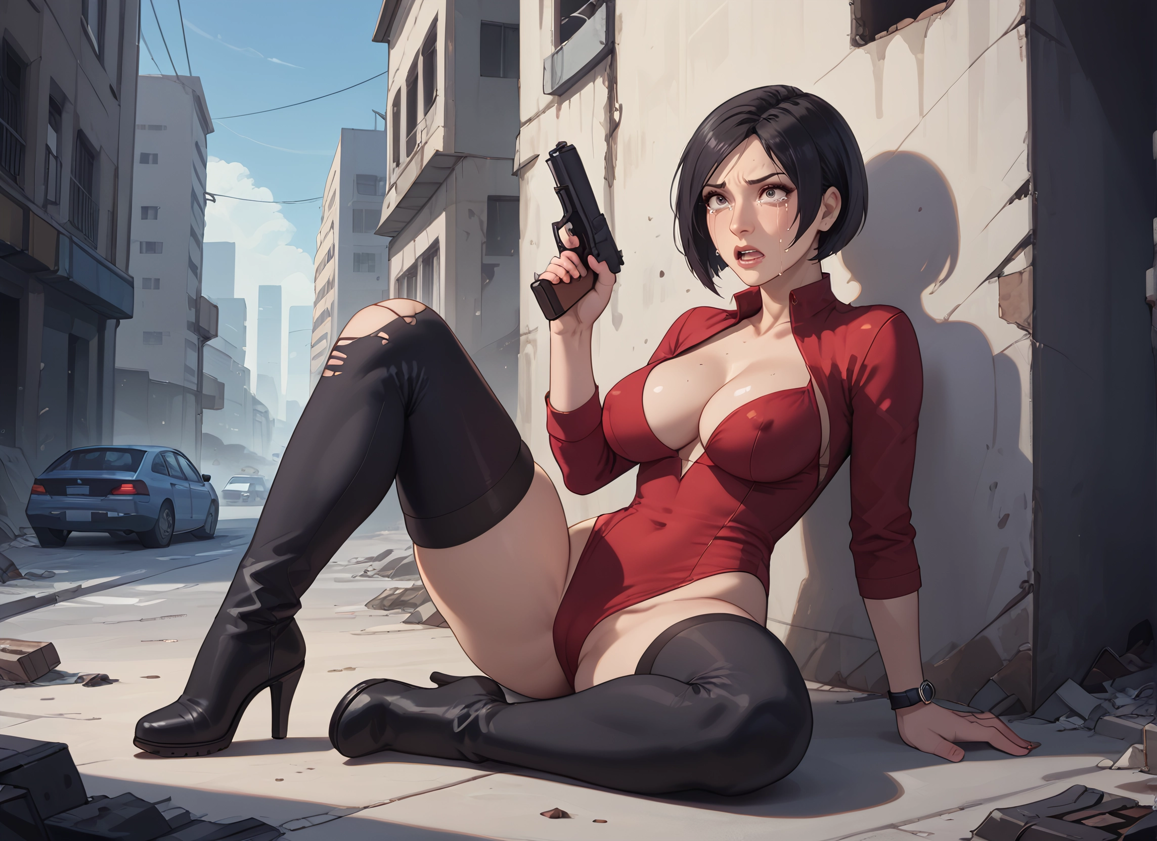 1girl, breasts, weapon, gun, thighhighs, motor vehicle · Yamete.gg