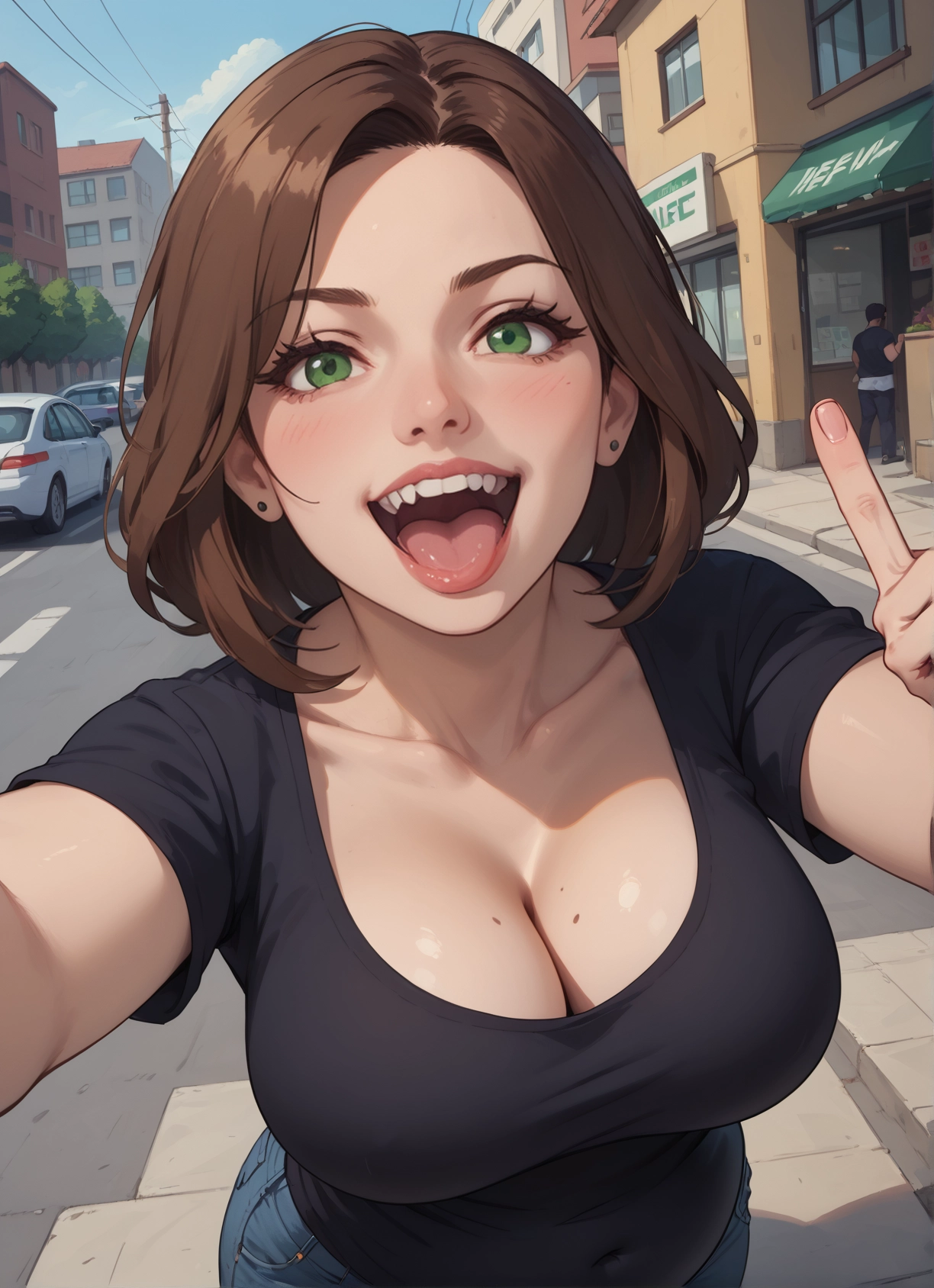 breasts, 1girl, green eyes, brown hair, cleavage, mole · Yamete.gg