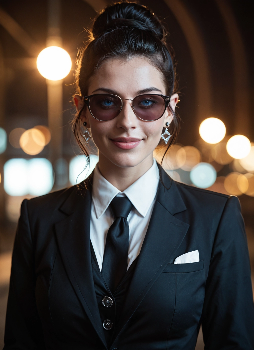 1girl, solo, jewelry, earrings, sunglasses, necktie · Yamete.gg