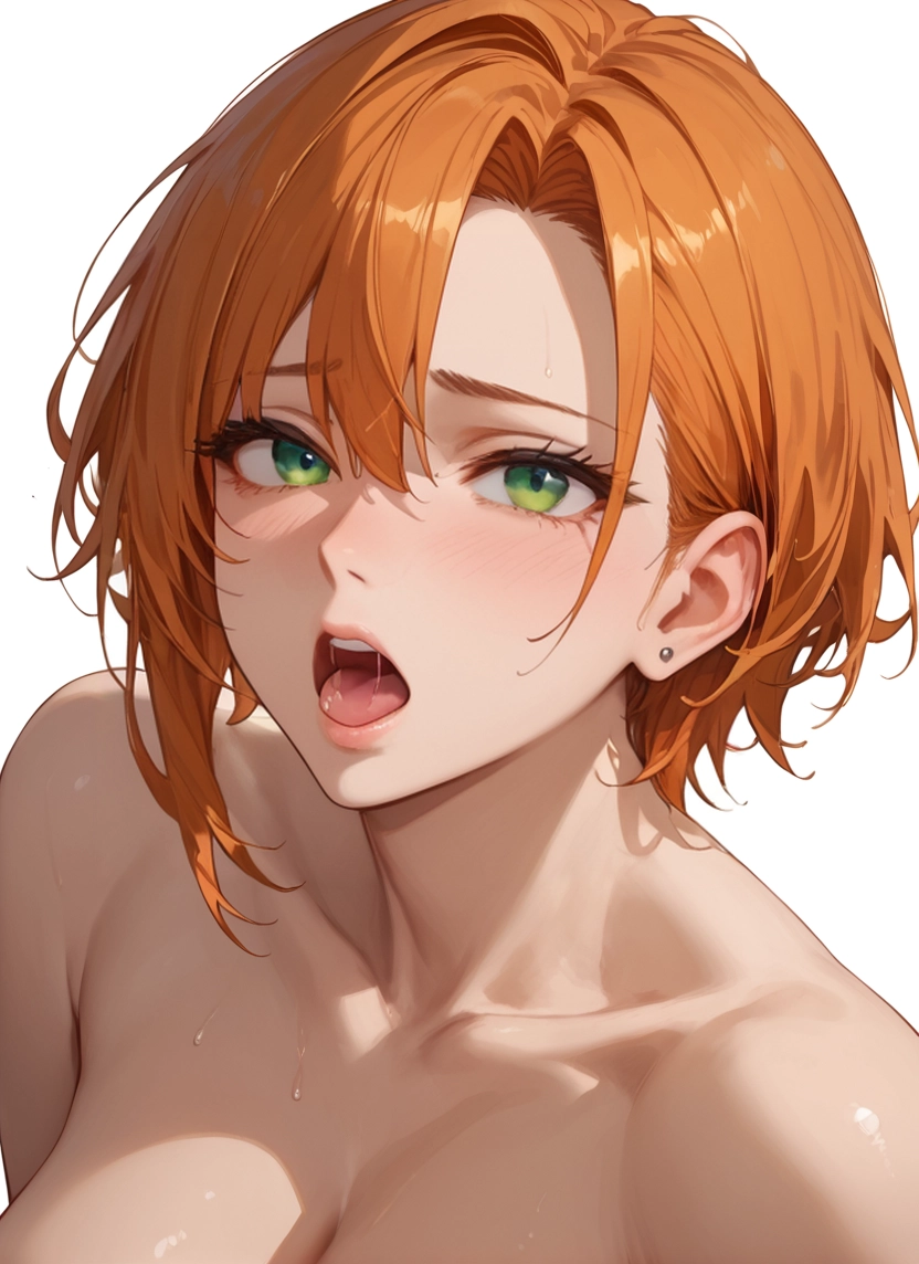 1girl, green eyes, breasts, solo, open mouth, orange hair · Yamete.gg