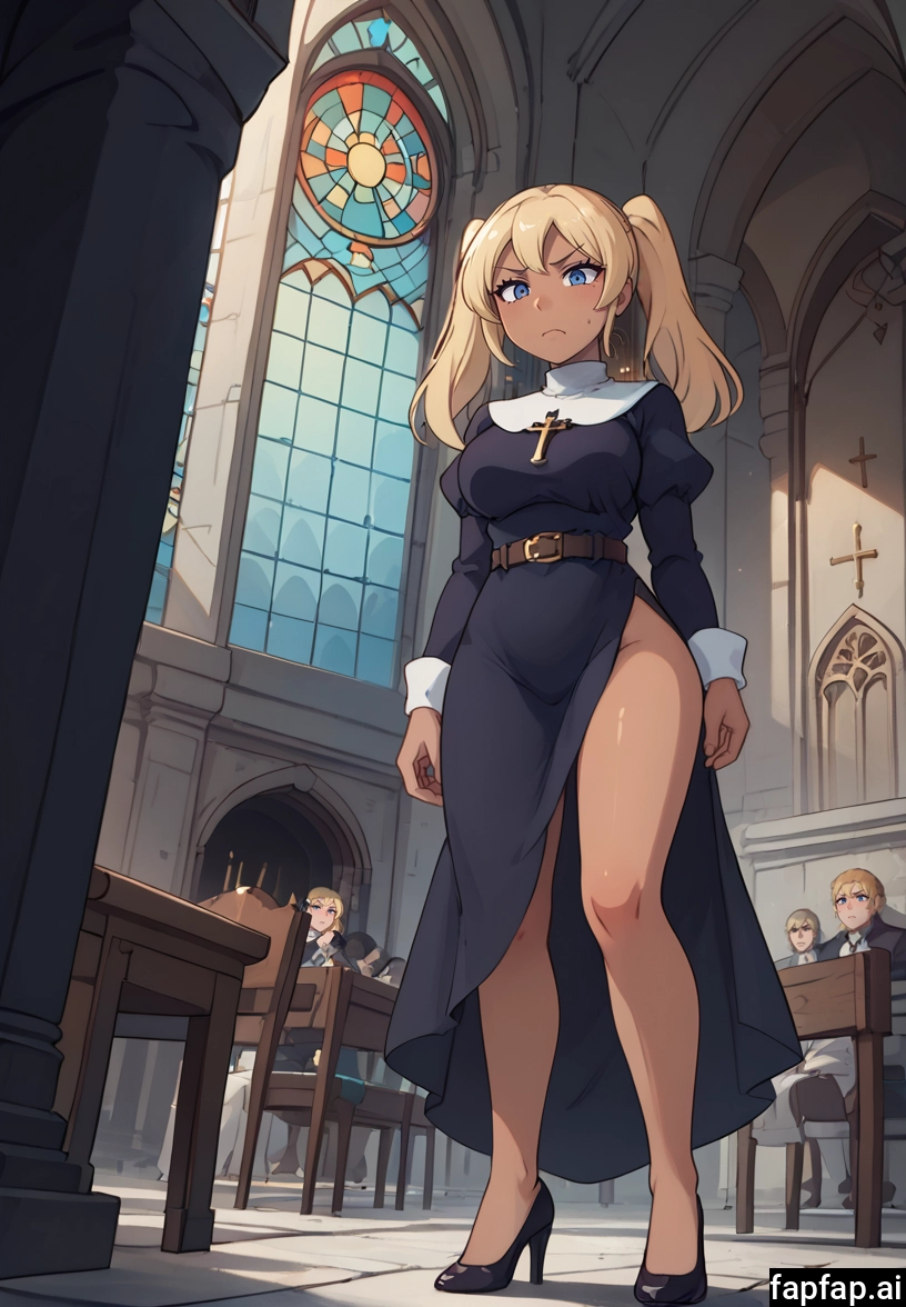 blonde hair, high heels, twintails, nun, breasts, blue eyes · Yamete.gg