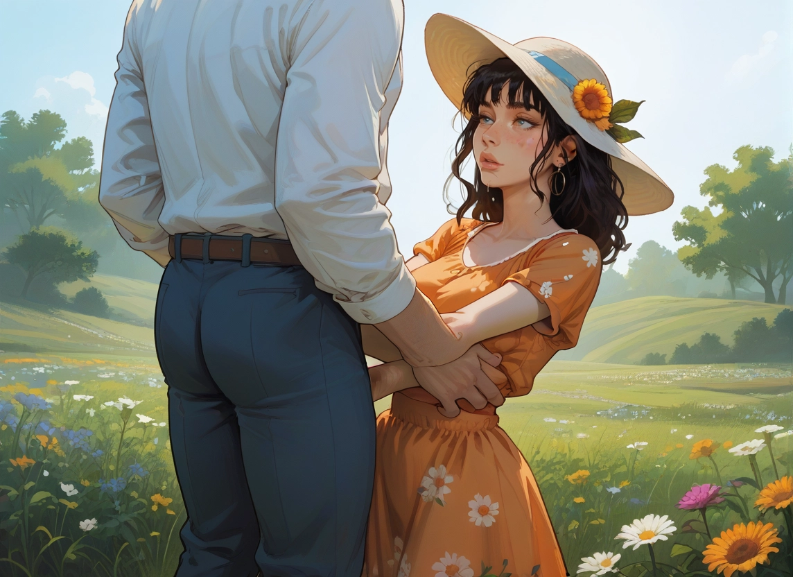1girl, flower, hat, dress, 1boy, sun hat · Yamete.gg